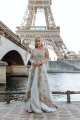 Aqua Blue Crystals Embroidered Jacket Set