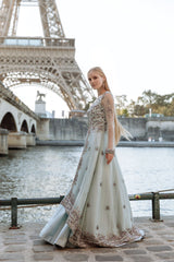 Aqua Blue Crystals Embroidered Jacket Set