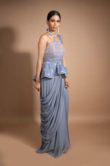 Ash grey peplum draped gown