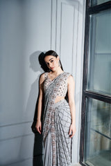 Steel grey pre draped saree