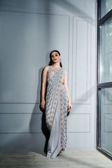Steel grey pre draped saree