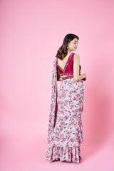 Beige & cherry red pre draped ruffled saree