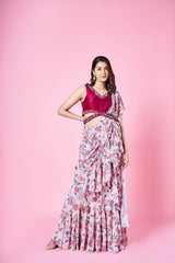 Beige & cherry red pre draped ruffled saree