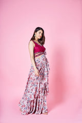 Beige & cherry red pre draped ruffled saree