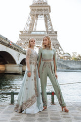 Aqua Blue Crystals Embroidered Jacket Set