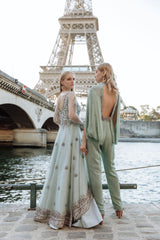 Aqua Blue Crystals Embroidered Jacket Set