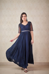 Navy blue chiffon anarkali with attached dupatta and belt