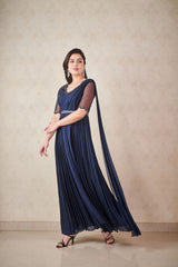 Navy blue chiffon anarkali with attached dupatta and belt