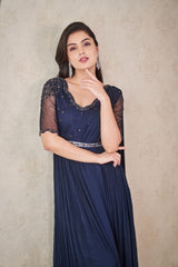 Navy blue chiffon anarkali with attached dupatta and belt