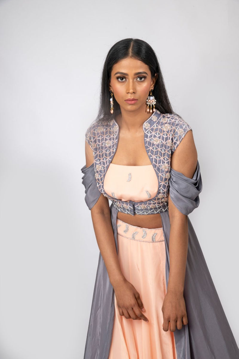 Peach Crepe silk skirt with steel grey embroidered cape Jacket set