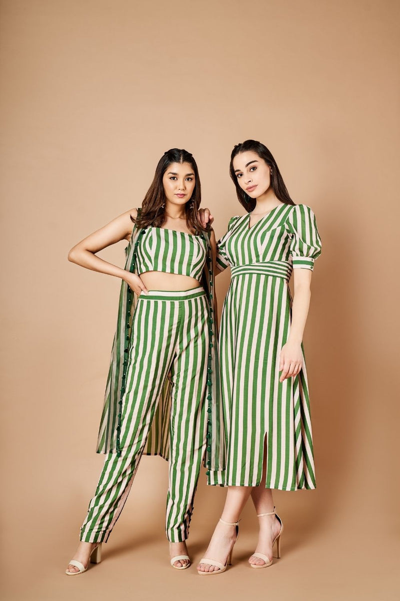 Forest green stripes pant set