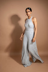 Grey crystal embroidered Jumpsuit with cape