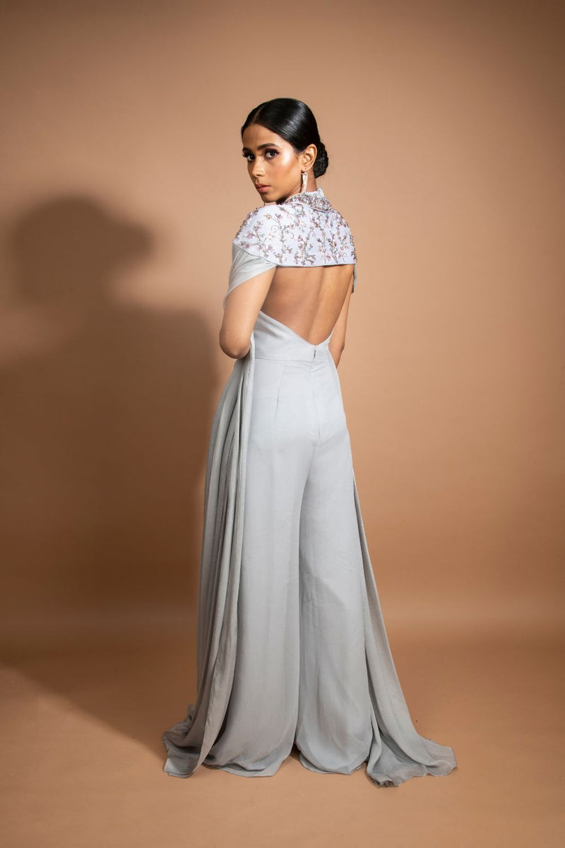 Grey crystal embroidered Jumpsuit with cape