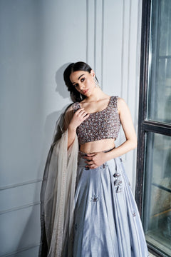 Steel grey crystals lehenga set