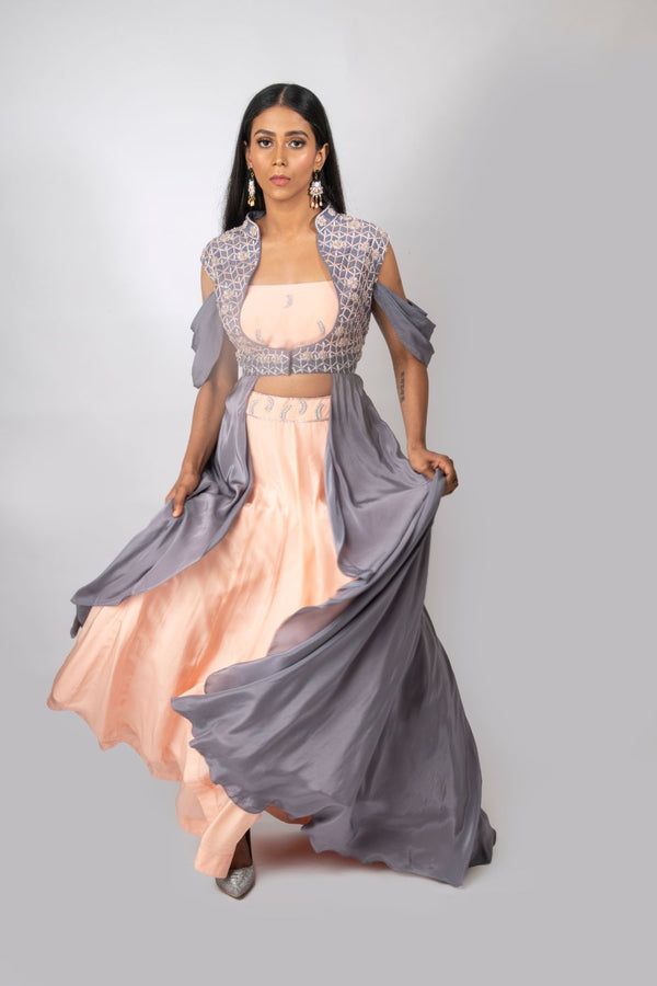 Peach Crepe silk skirt with steel grey embroidered cape Jacket set