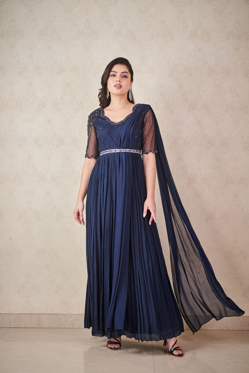 Navy blue chiffon anarkali with attached dupatta and belt