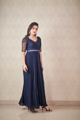 Navy blue chiffon anarkali with attached dupatta and belt